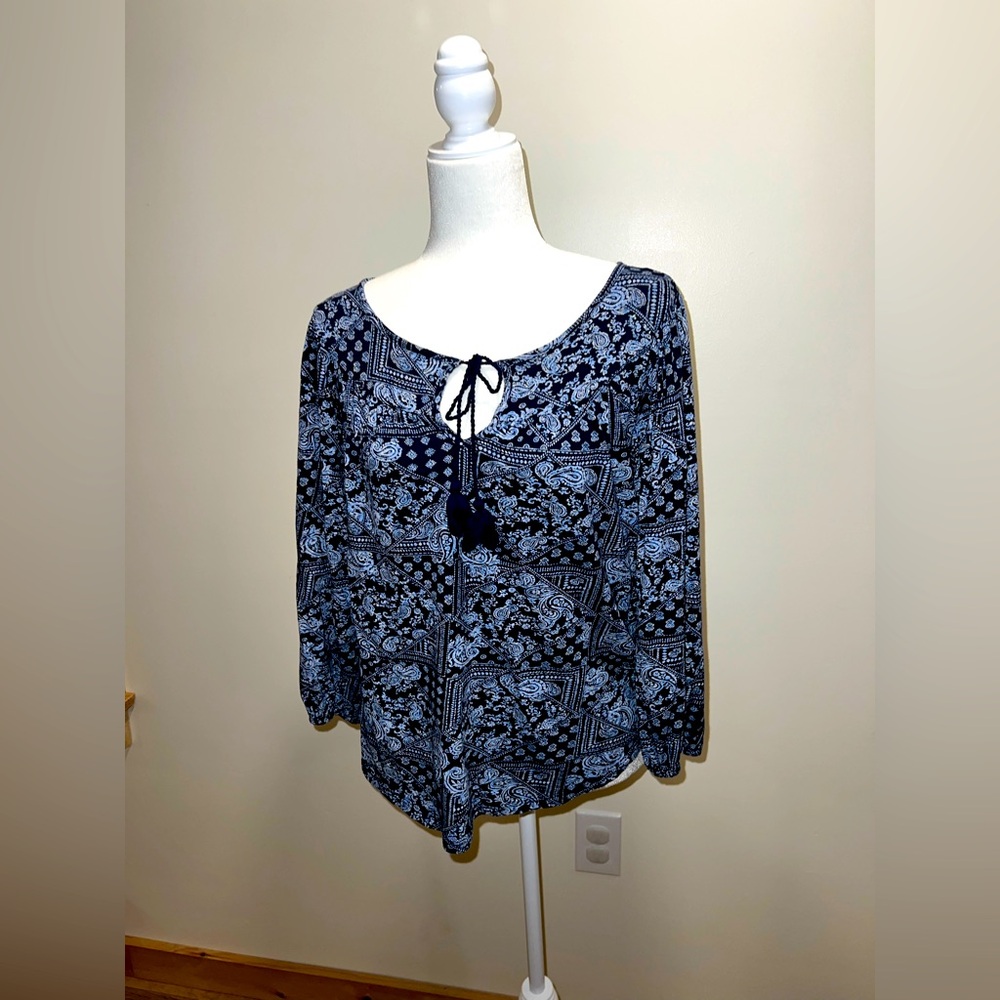 Lucky Brand Blue Paisley Tie Front Blouse Boho Fall Top - Picture 4 of 9